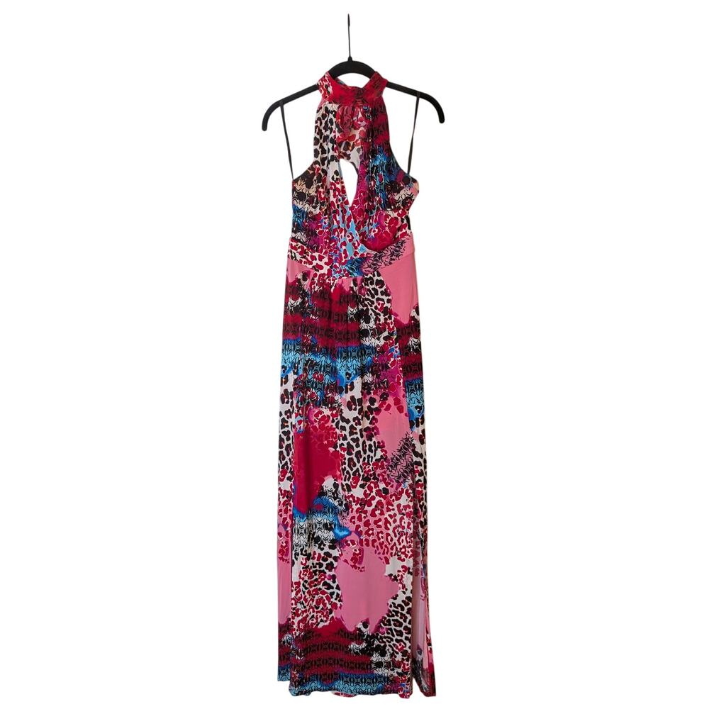 Bebe Abstract Animal Print Halter Maxi Dress Size Small Y2K Dopamine Dressing